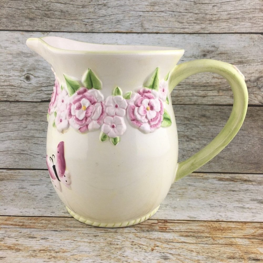 HARRY & DAVID Embossed Pink Butterflies Flowers Ceramic 2 Qt Beverage Pitcher
